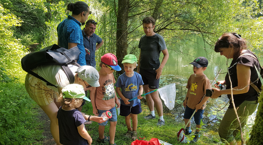 Das Bild zeigt einige Erwachsene und Kinder, die beim Familiennachmittag an einem See stehen und mit kleinen Fangnetzen Kaulquappen fangen, um sie zu untersuchen. 