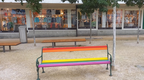 Eine Regenbogenbank in der City von Bregenz ist hier abgebildet.