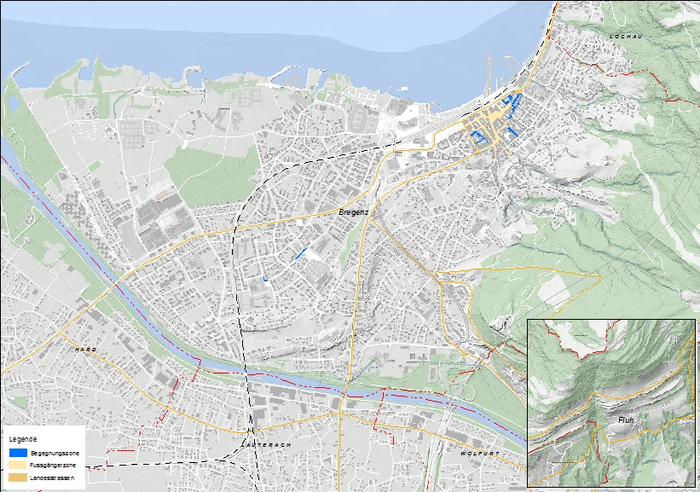 Es ist eine Karte von Bregenz mit den Landesstraßen, Begegnungszonen und Fußgängerzonen zu sehen.