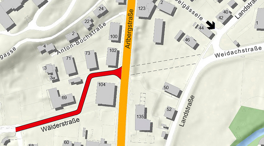 Hier ist ein Stadtplan zu sehen, bei welchem die Wälderstraße rot eingezeichnet ist.