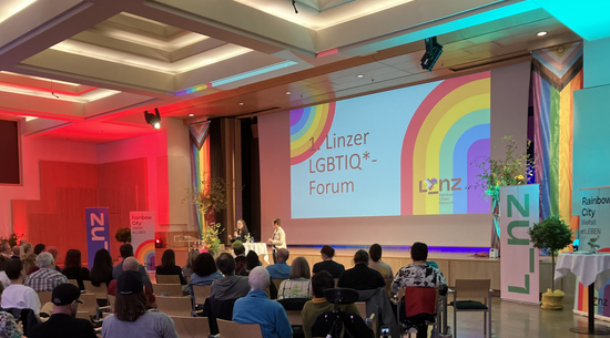 Auf dem Bild ist der Blick in den Tagungs-Saal beim Linzer LGBTIQ+ Forum 2024 zu sehen.