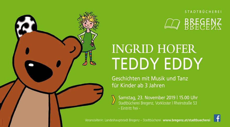 Diese Abbildung zeigt einen Flyer der Stadtbücherei Bregenz, welcher alle Informationen zum Besuch von Ingrid Hofer in der Stadtbücherei beinhaltet.