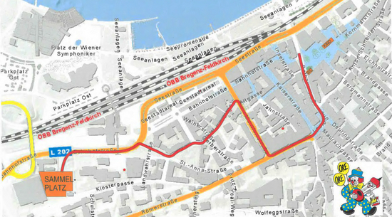 Straßenplan der Umzugsstrecke des Bregenzer Fanfarenzuges 2024.