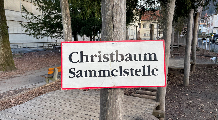 Diese Abbildung zeigt ein Schild, auf welchem "Christbaum Sammelstelle" steht.