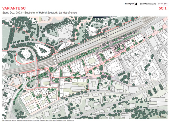 Auf dem Bild ist eine Karte von Bregenz zu sehen mit dem neuen Plan eines Bahnhofs. Wie Variante 5 b allerdings liegt der Busplatz mittiger auf dem Seestadtareal, das Bahnhofsgebäude rutscht etwas weiter in den Westen des Seestadtareals.