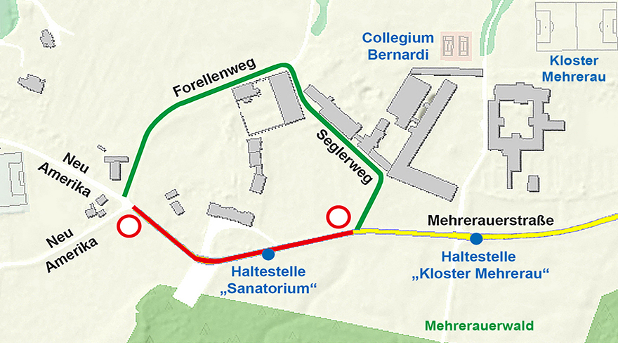 Diese Abbildung zeigt einen Plan, in welchem die Sperre der Mehrerauerstraße in Bregenz eingezeichnet ist.