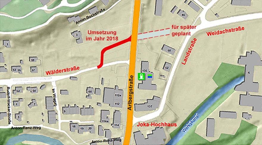 Diese Abbildung zeigt einen Plan, in welchem die geplante Umlegung der Wälderstraße rot eingezeichnet ist.